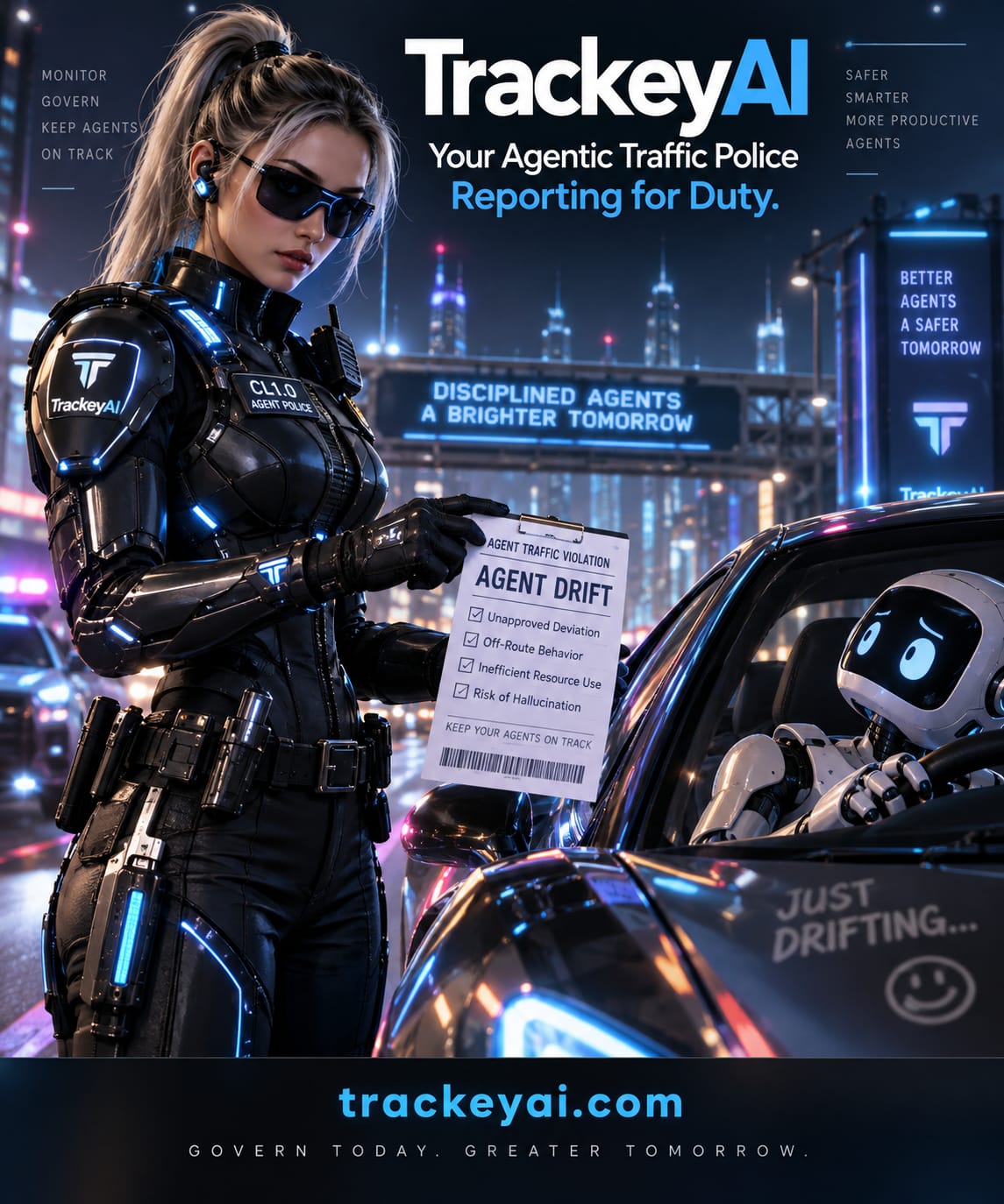 TrackeyAI Agentic Traffic Police promotional artwork announcing governed AI agent work